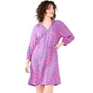 Draper James Women Pink w/Blue Floral Smock Peasant Tie Dress Size L
